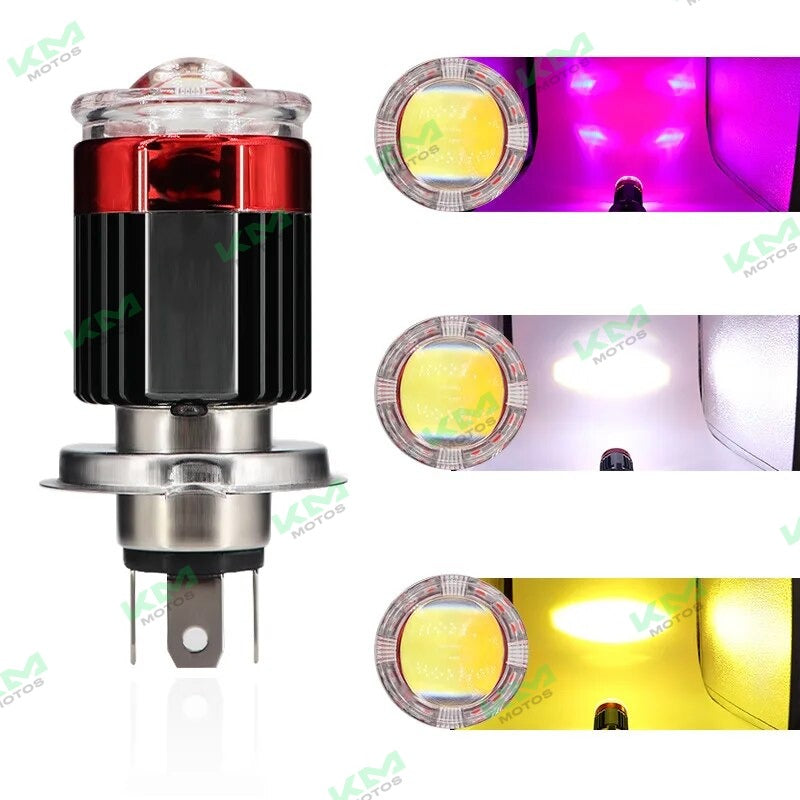 Luces LED universales H4 con dos colores, tipo BA20D, visible en la imagen, ideal para mejorar la iluminación del vehículo.
