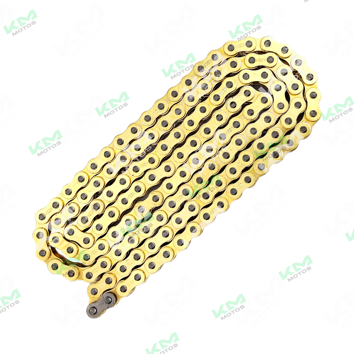 Cadena reforzada 428H-136L dorada de KM Motos, cadena de motocicleta resistente y duradera con recubrimiento dorado.