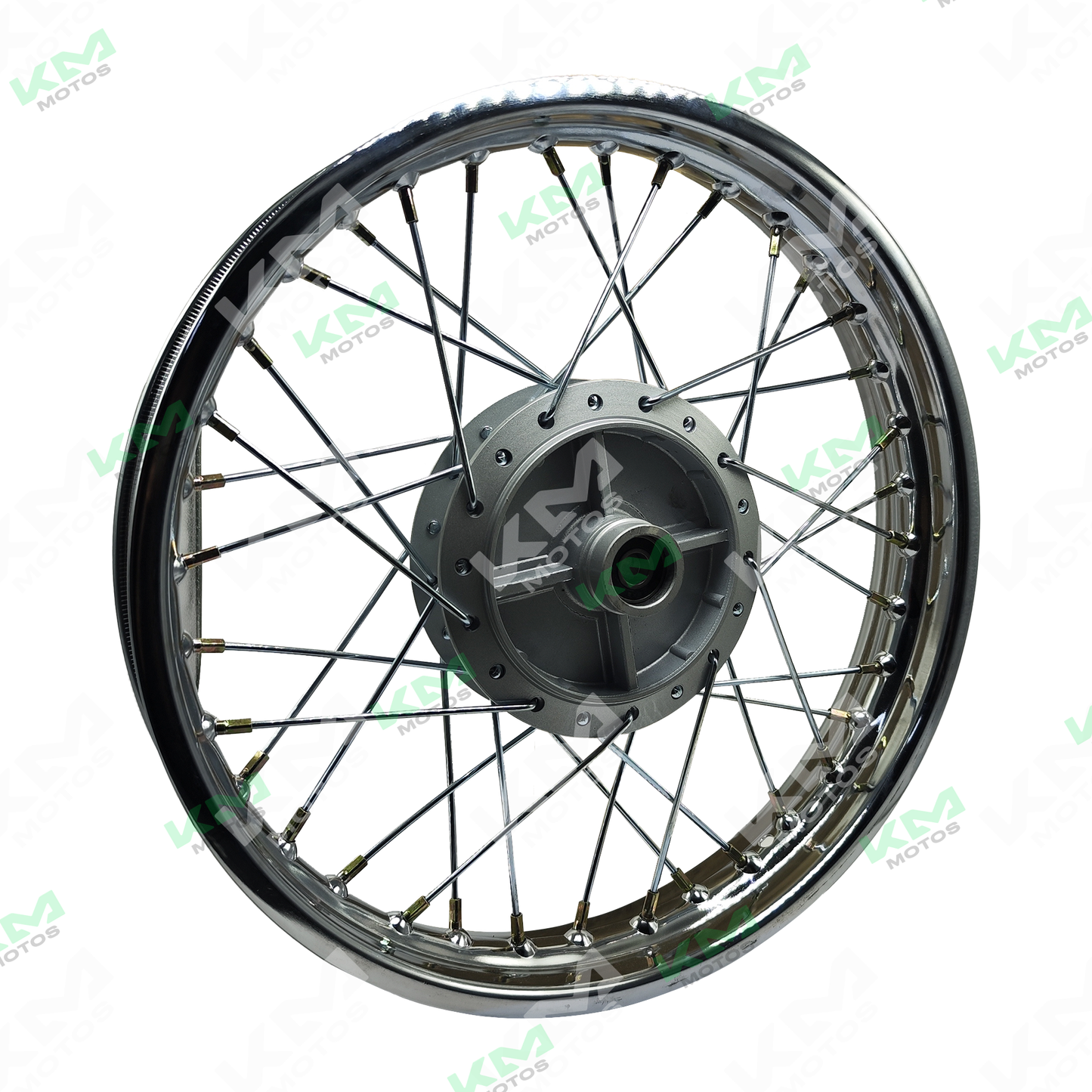 Rin trasero armado KM Motos XM200, rueda de motocicleta de aluminio con diseño resistente y acabado en negro.