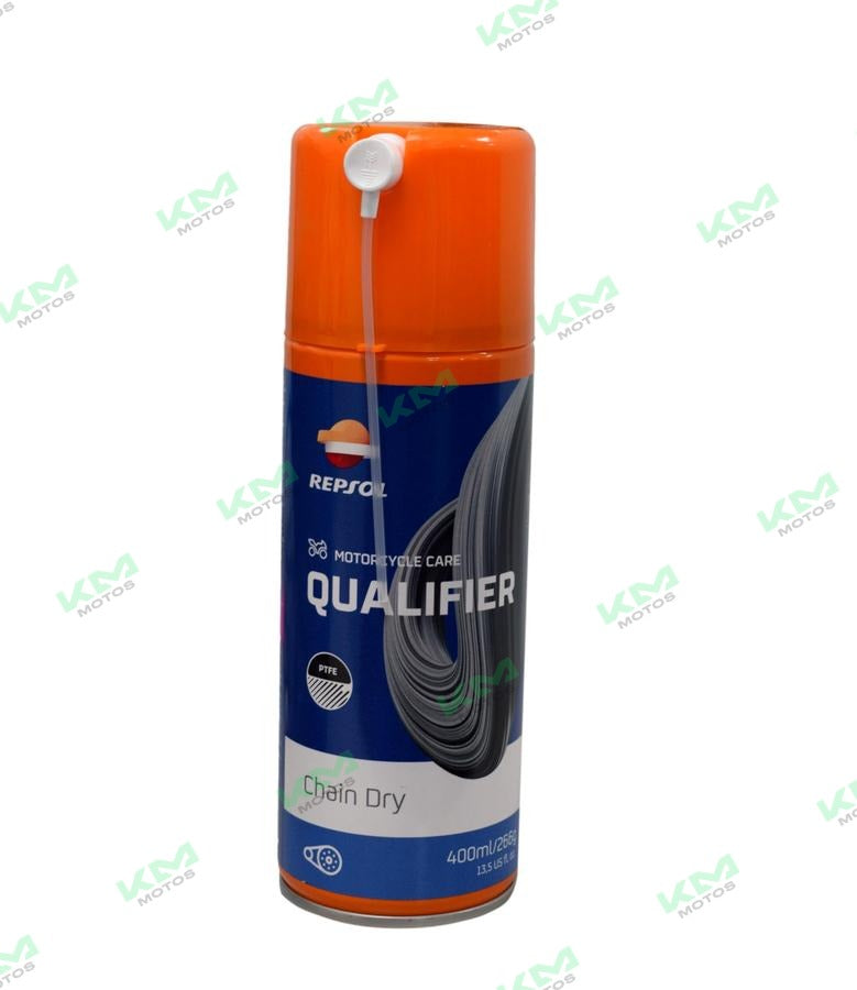 Spray lubricante para cadena Repsol de la marca KM Motos, botella con aerosol para lubricación de cadenas de motocicleta.