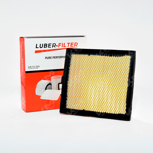Filtro de aire para Isuzu D-Max de KM Motos, vista frontal mostrando el filtro de papel y marco de plástico.