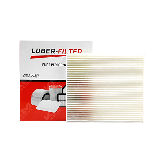 Filtro de aire de cabina para Toyota, marca KM Motos, mostrando el filtro en su empaque y diseño compatible con varios modelos.