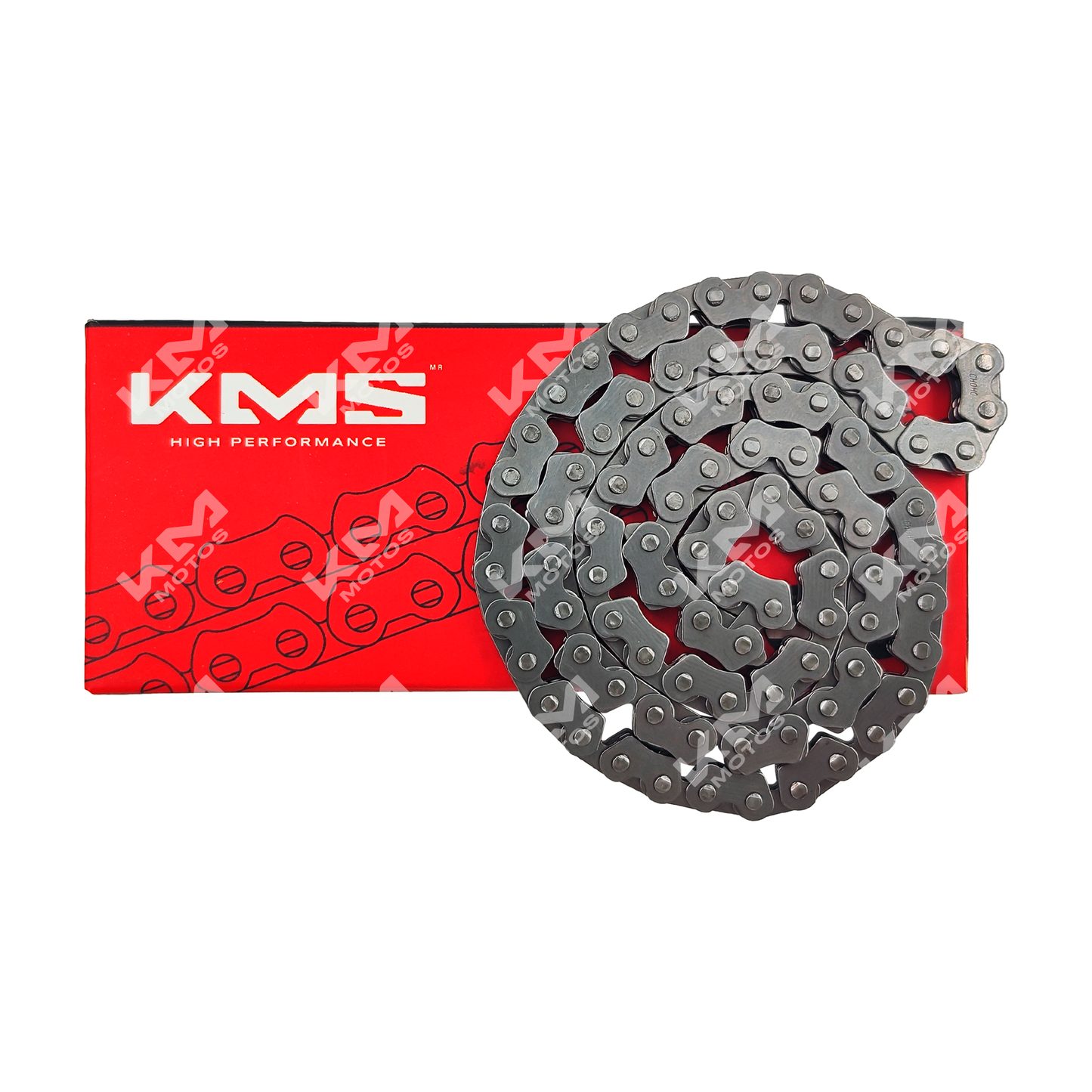 Cadena de tiempo original KM Motos para motos GSR4, CR5PRO, XM250Z, ZX250R y más, mostrando los eslabones metálicos.