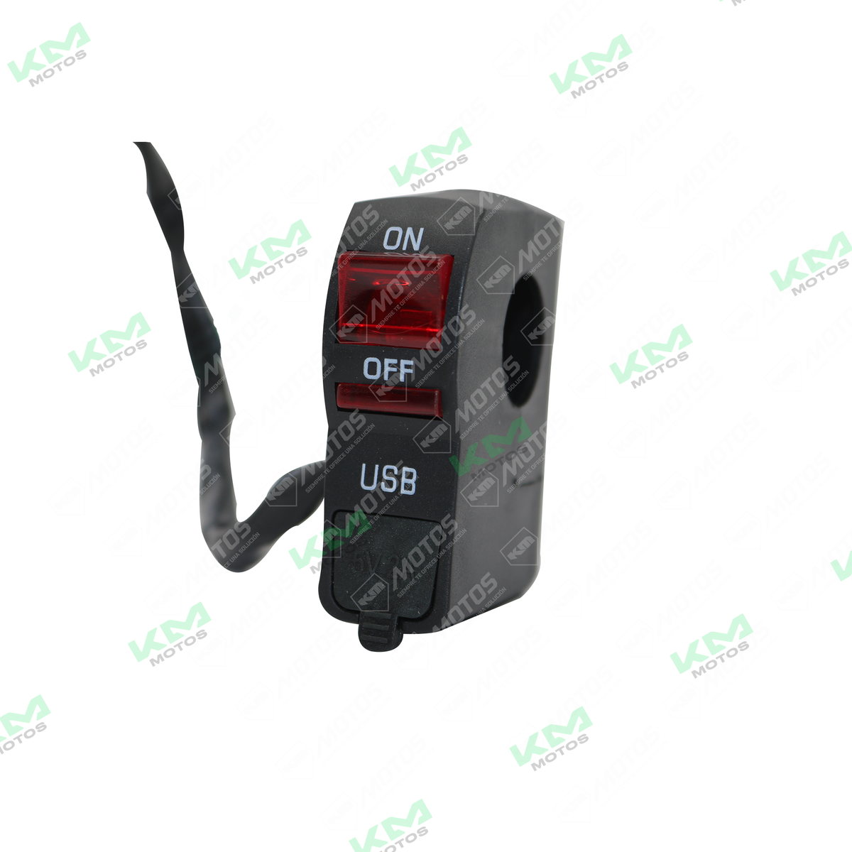 Interruptor de abrazadera y cargador USB Universal, accesorios eléctricos con botón de encendido y puerto USB visible.