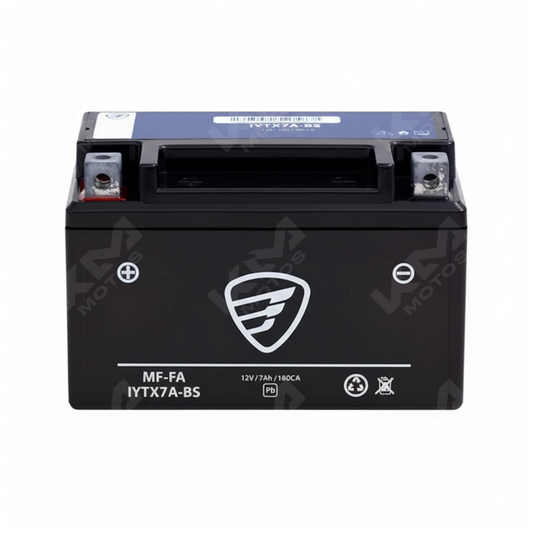 Batería Italika MF-FA IYTX7A-BS para motocicleta, marca original, muestra terminales y etiquetado en la imagen.