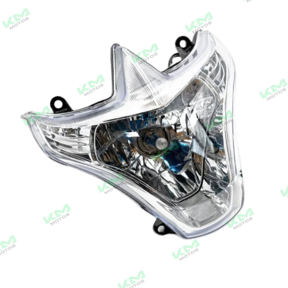 Conjunto de faro 125z original para motos Italika, sistema eléctrico, parte visible del faro en color blanco con detalles.