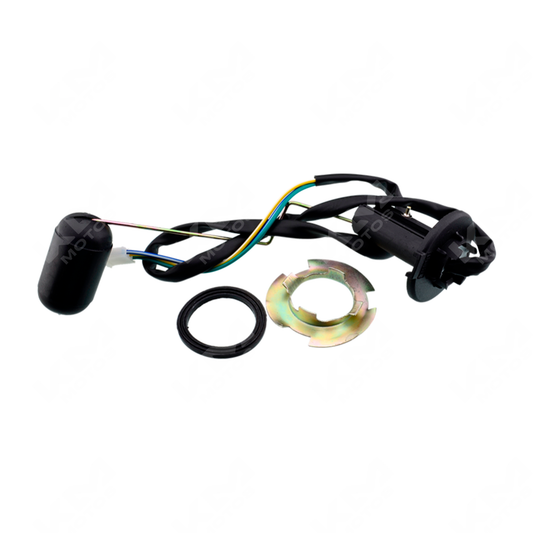 Sensor de combustible DS150 verde, original, mostrando el dispositivo y su cableado en una vista cercana.