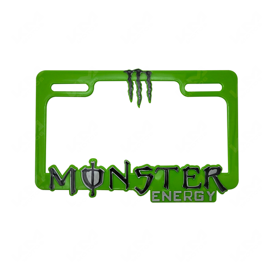 Porta placa para moto KM Motos con logotipo 3D en color verde, diseño resistente y estilo moderno para motocicletas.