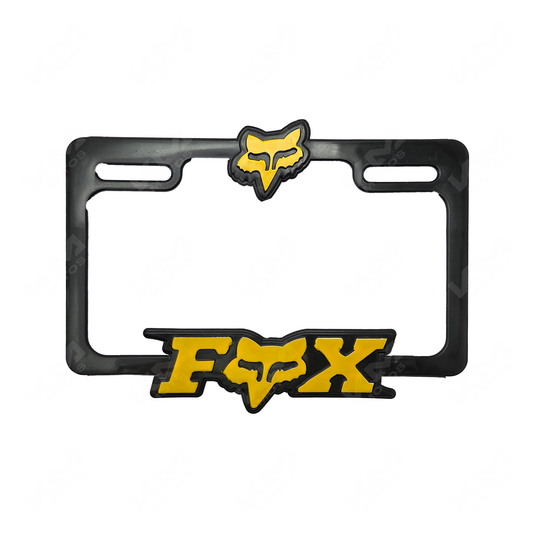 Porta placa para moto KM Motos con logo 3D Fox negro y amarillo, diseño resistente y moderno para motocicletas.