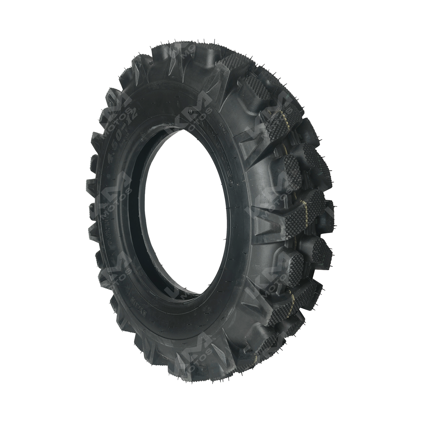 Llanta de motocicargo KM Motos 4.50-12, resistente y duradera, con banda de rodadura visible para transporte en motocicletas.
