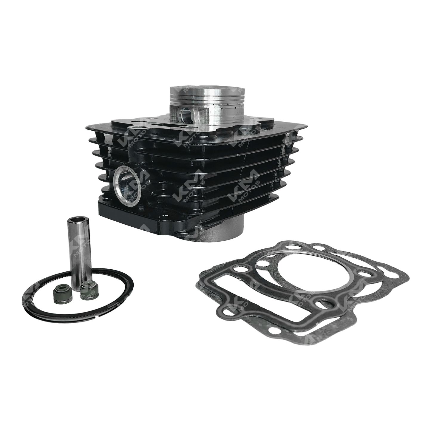 Kit de cilindro KM Motos para CG150, FT150, DM150 y ZX150L, incluye pistón y componentes esenciales.