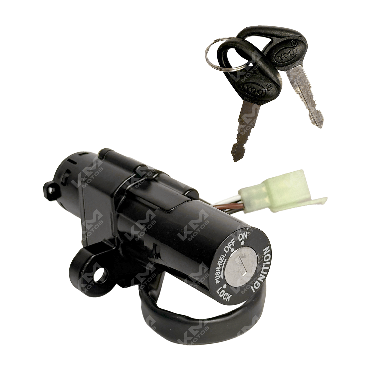 Interruptor de encendido Boxer 150 de KM Motos, vista frontal del interruptor de ignición para motocicleta.