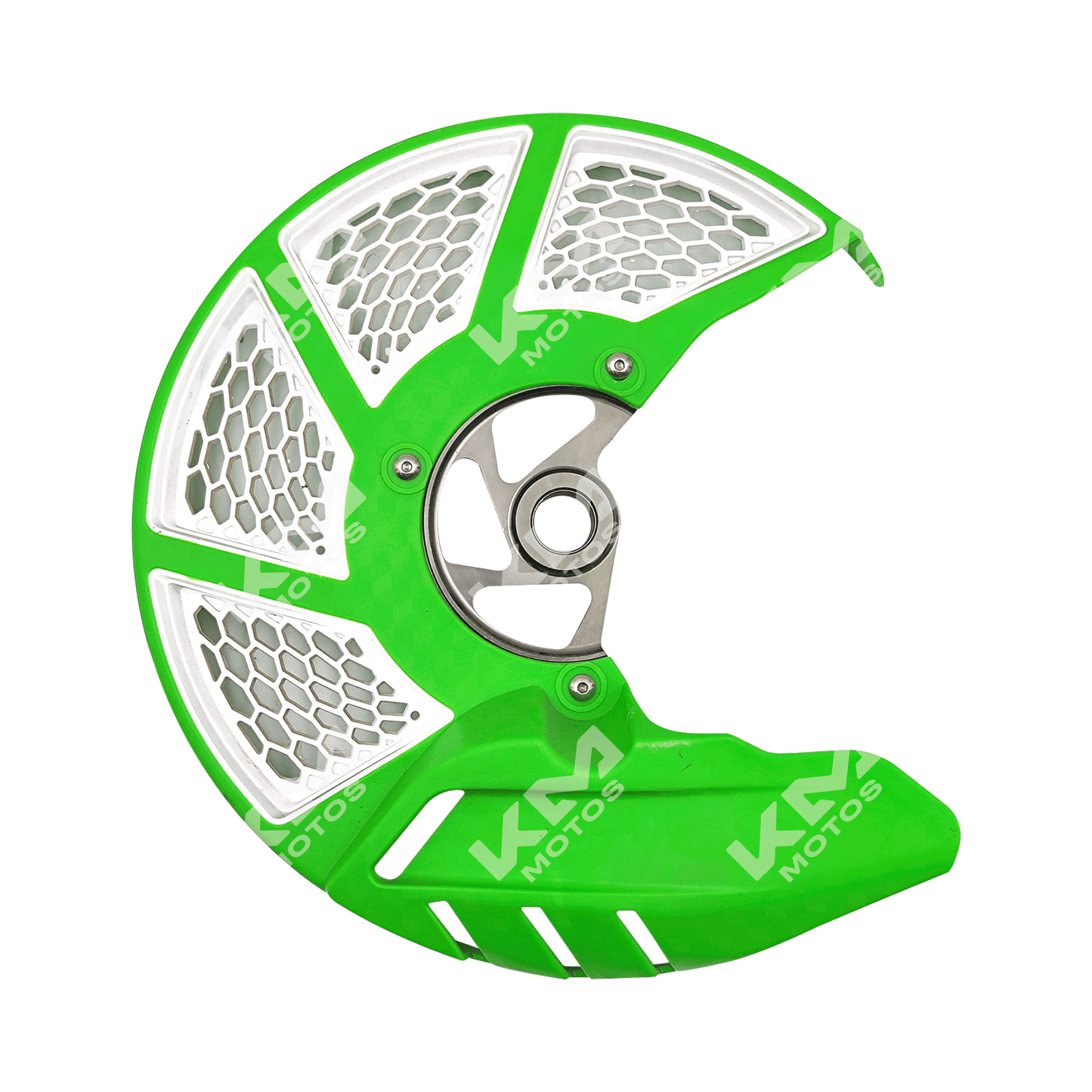 Protector de disco de freno LR verde de KM Motos, muestra el accesorio de protección con acabado en verde brillante.