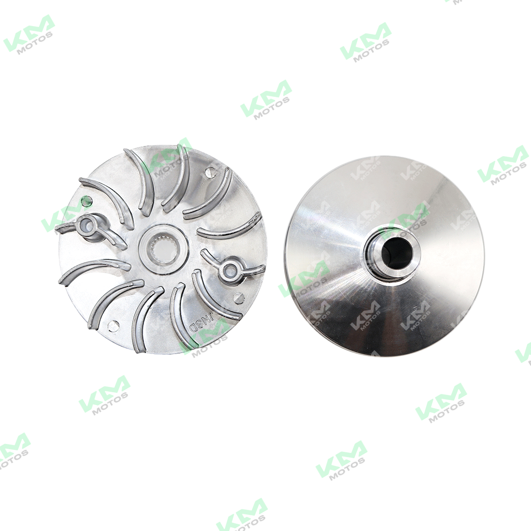 Embrague delantero automático para motor GY6, marca KM Motos, muestra el componente en una imagen técnica.