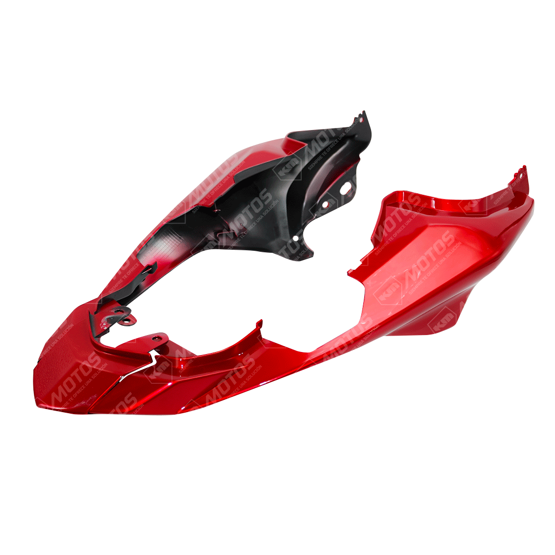 Cola FZ 2.0 roja de KM Motos, parte trasera de la motocicleta con acabado en rojo brillante y detalles de la marca.
