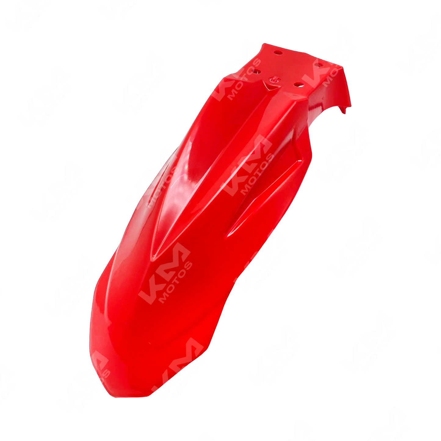 Guardafango supermoto rojo de KM Motos, resistente y de diseño aerodinámico para motocicletas supermoto.