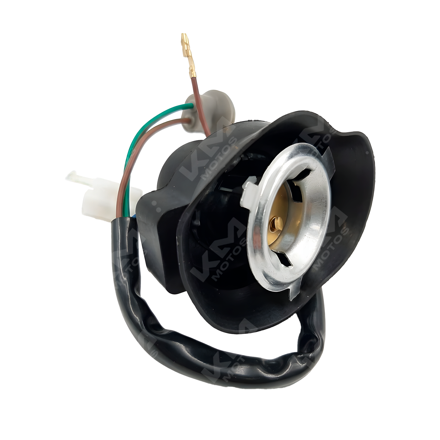 Socket de 2 contactos para YBR-125 de KM Motos, con diseño resistente y cableado visible.