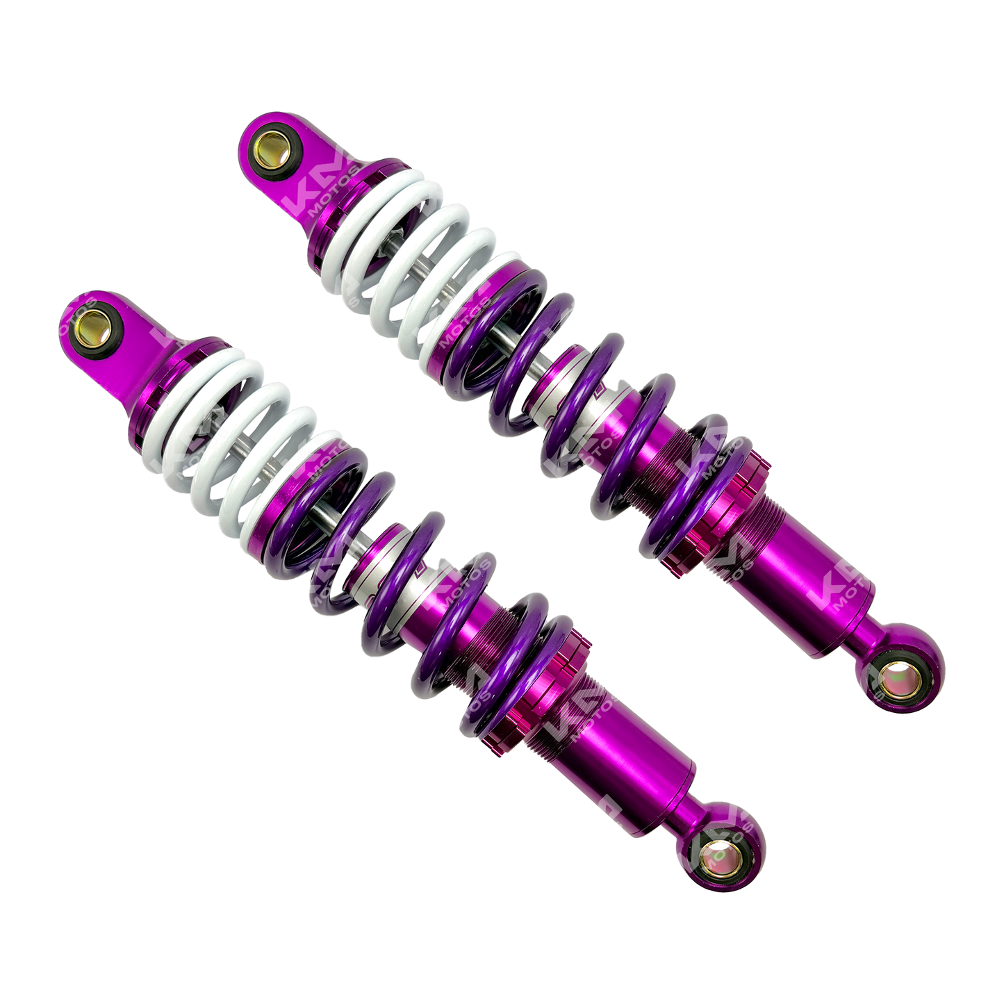 Amortiguador de lujo universal KM Motos, resistente y de alta calidad para motocicletas, en color negro con detalles metálicos.