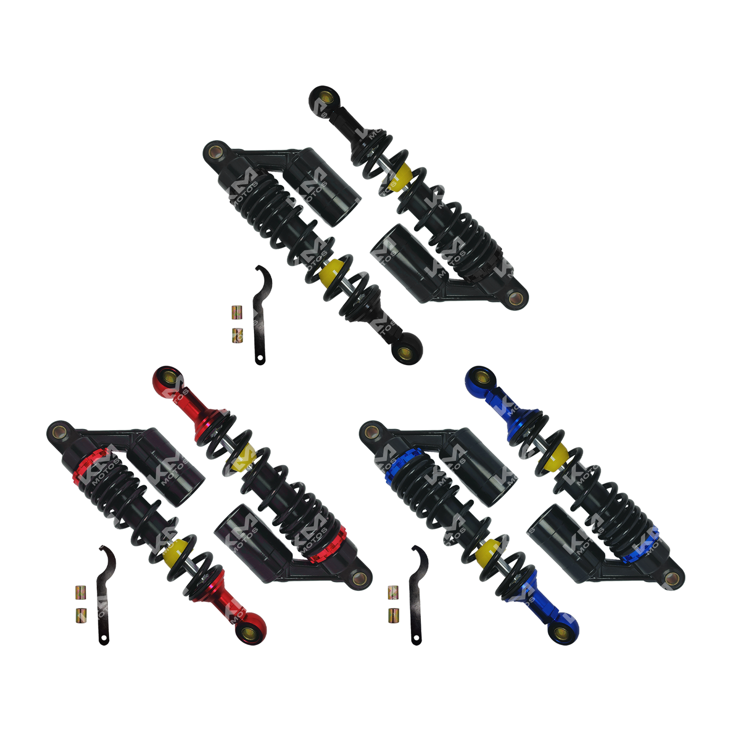 Amortiguador de gas de lujo universal dorado de KM Motos, resistente y con acabado brillante para motocicletas.