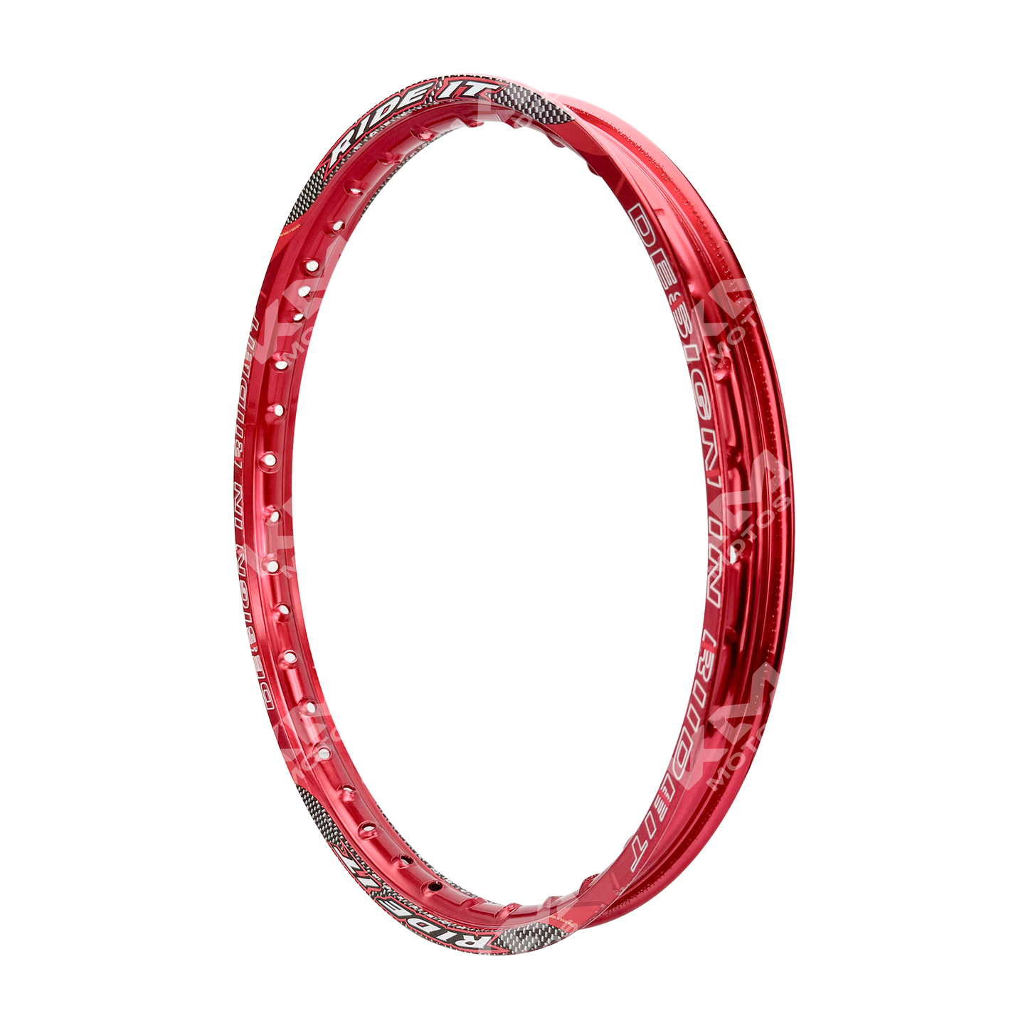 Rueda de aluminio roja para moto, tamaño 1.20x17, de la marca KM Motos, vista frontal con detalles del neumático y llanta.