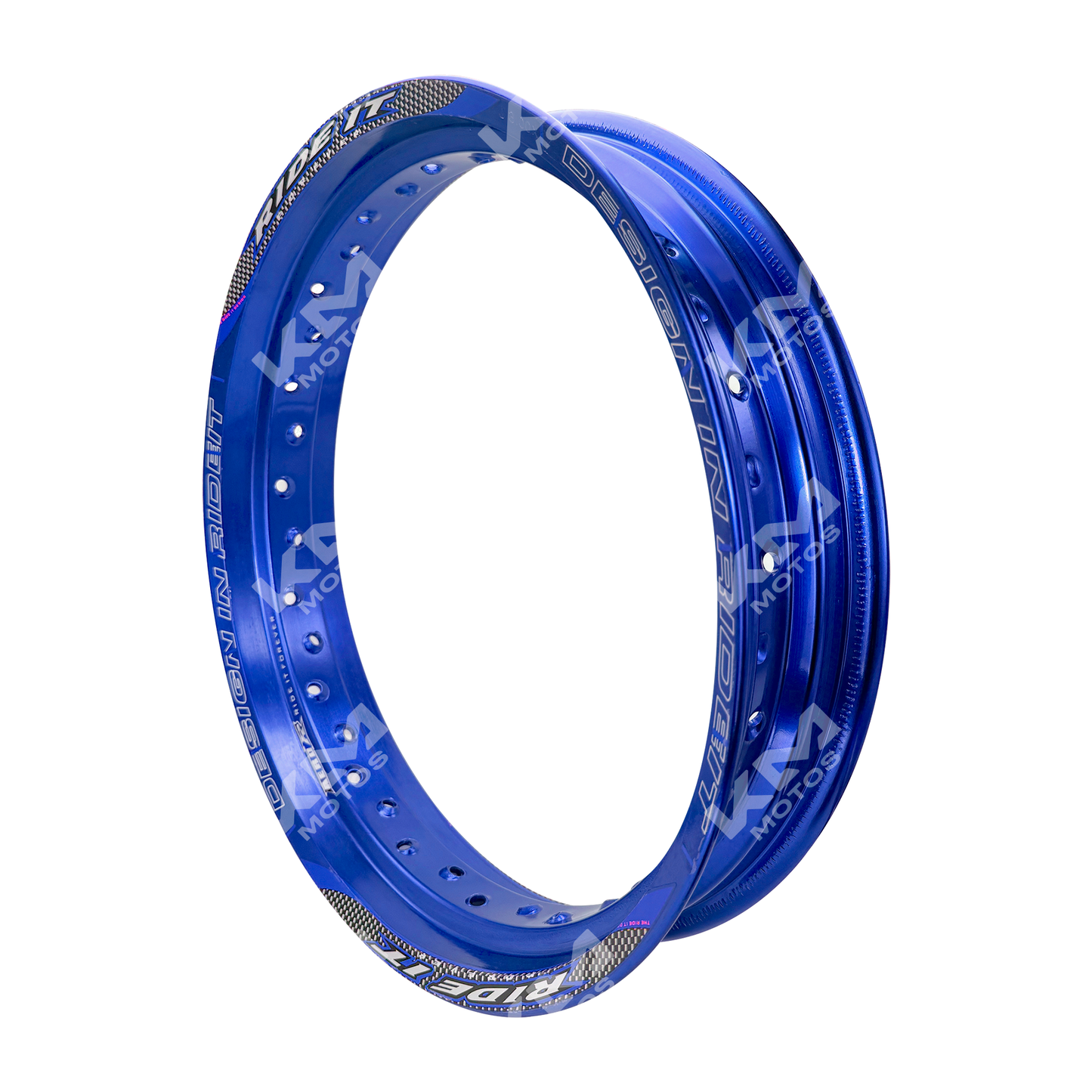 Rueda de aluminio azul de 17 pulgadas para moto KM Motos, tamaño 3.00, en excelente estado y diseño resistente.