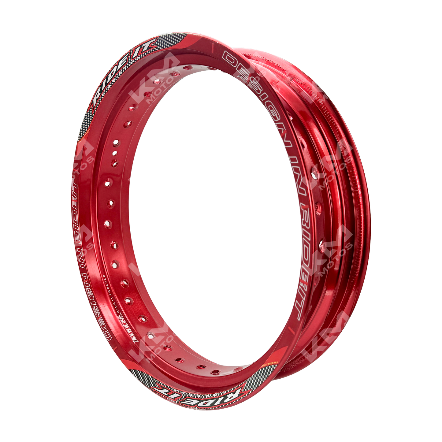 Llanta de aluminio roja de 17 pulgadas para moto, modelo Aro 3.50*17 de la marca KM Motos, vista desde un ángulo frontal