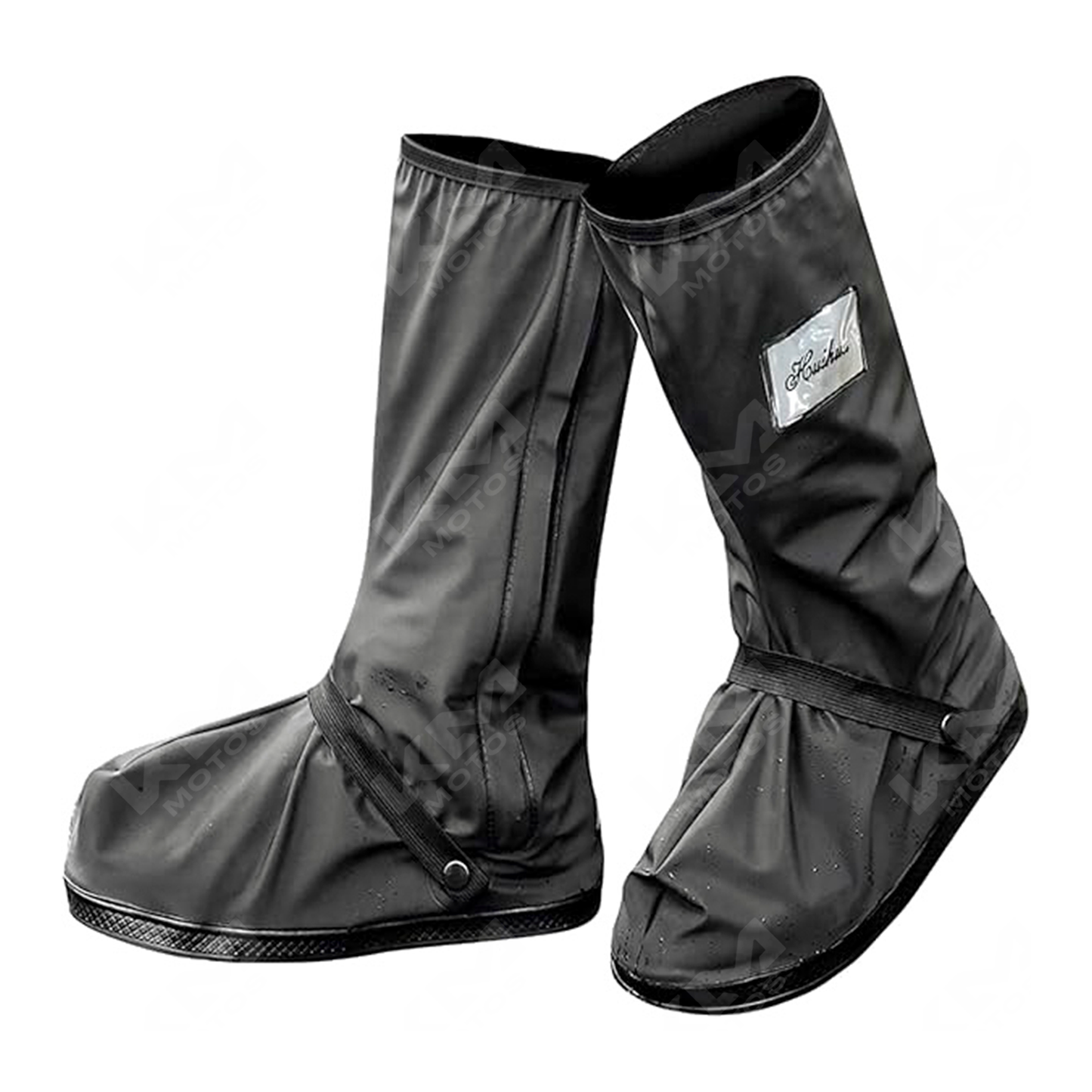 Botas impermeables KM Motos, de color negro, con suela antideslizante y cierre resistente, ideales para protección contra la lluvia.