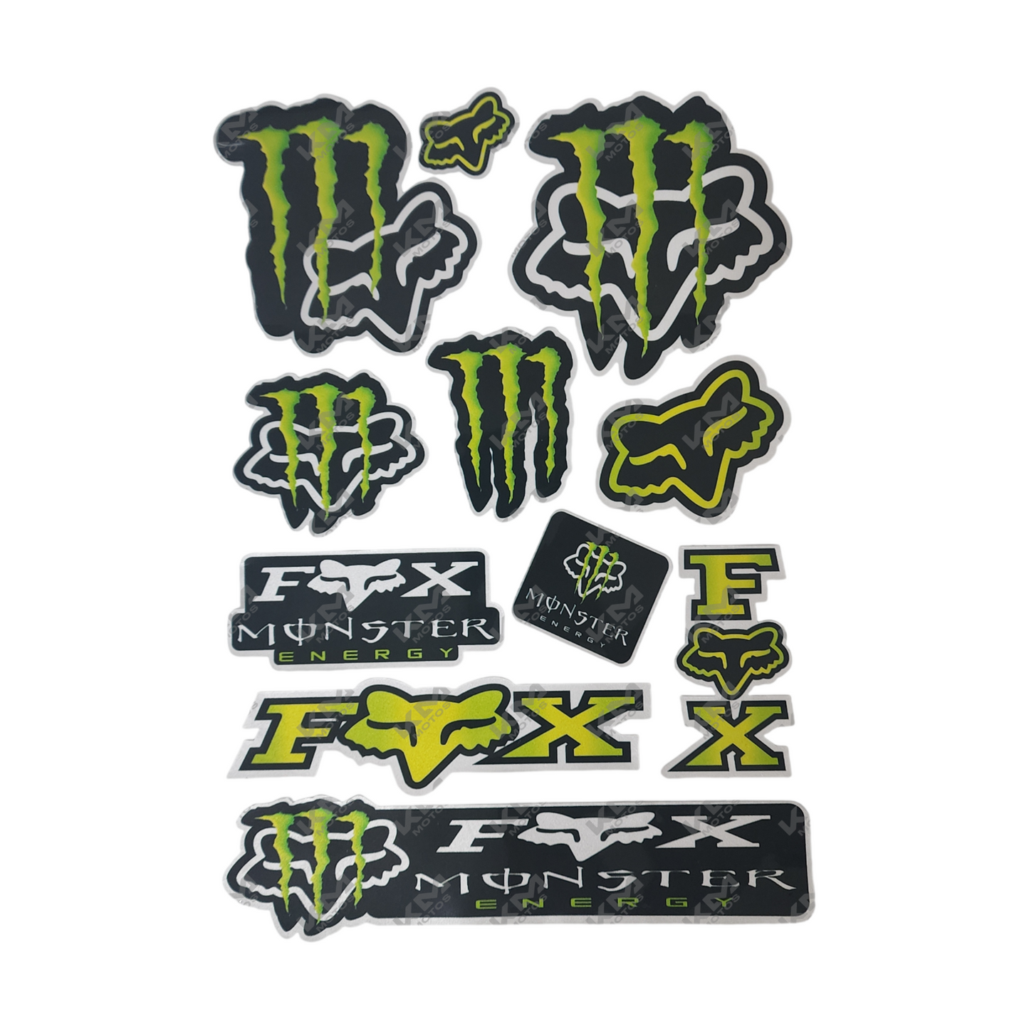 Calcomanía universal de 33x23cm para motos KM Motos, tamaño A4, en varios diseños visibles en la imagen.