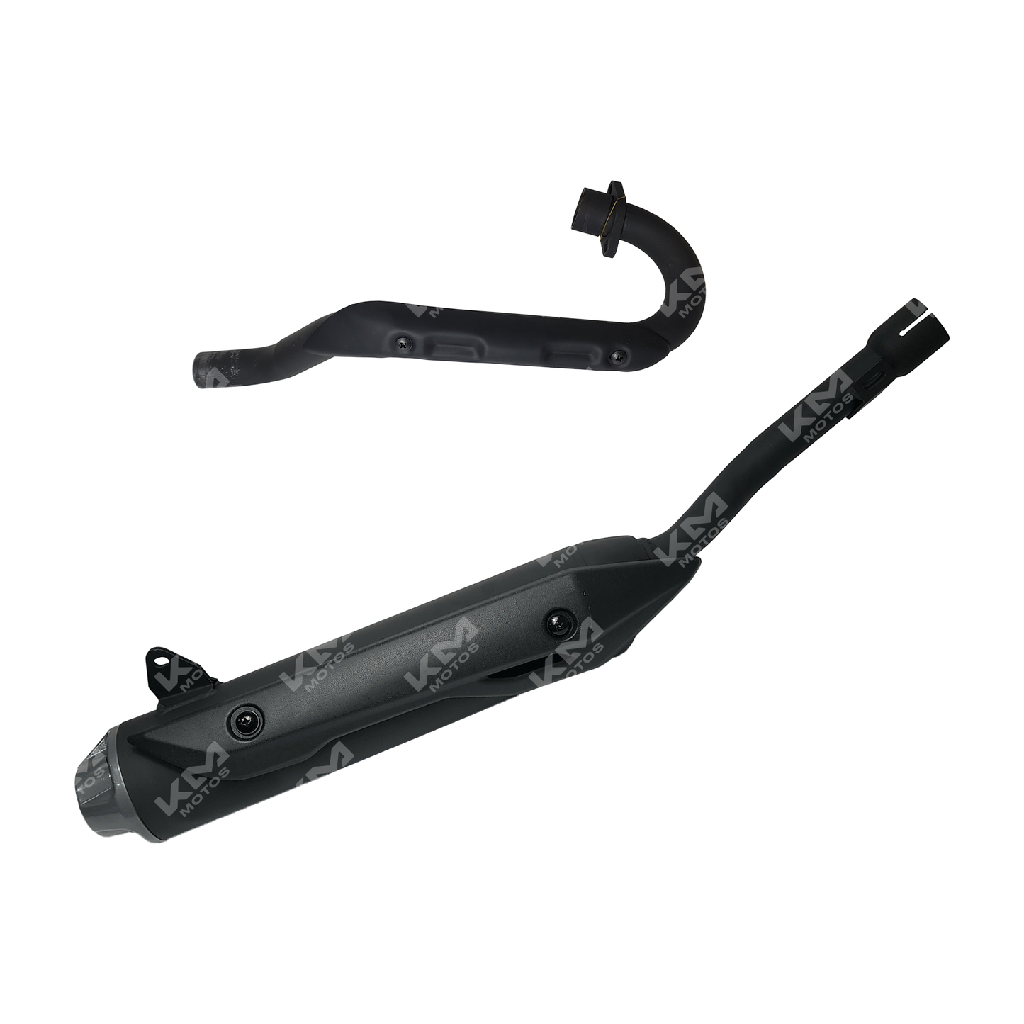 Motor de escape KM Motos SX1 150 y SX2 200, ZX150L y ZX200L, con tubo de escape brillante y componentes metálicos.