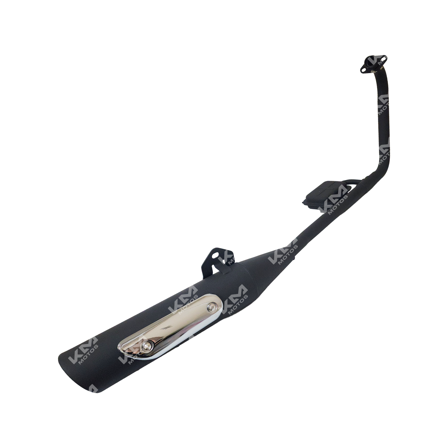 Caja de escape KM Motos Boxer BM 150, vista lateral mostrando el tubo de escape y detalles de diseño en acabado metálico