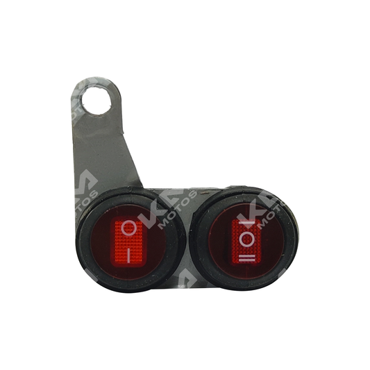 Interruptor doble plus ON/OFF con base de la marca KM Motos, muestra los botones y conexiones en una vista clara.
