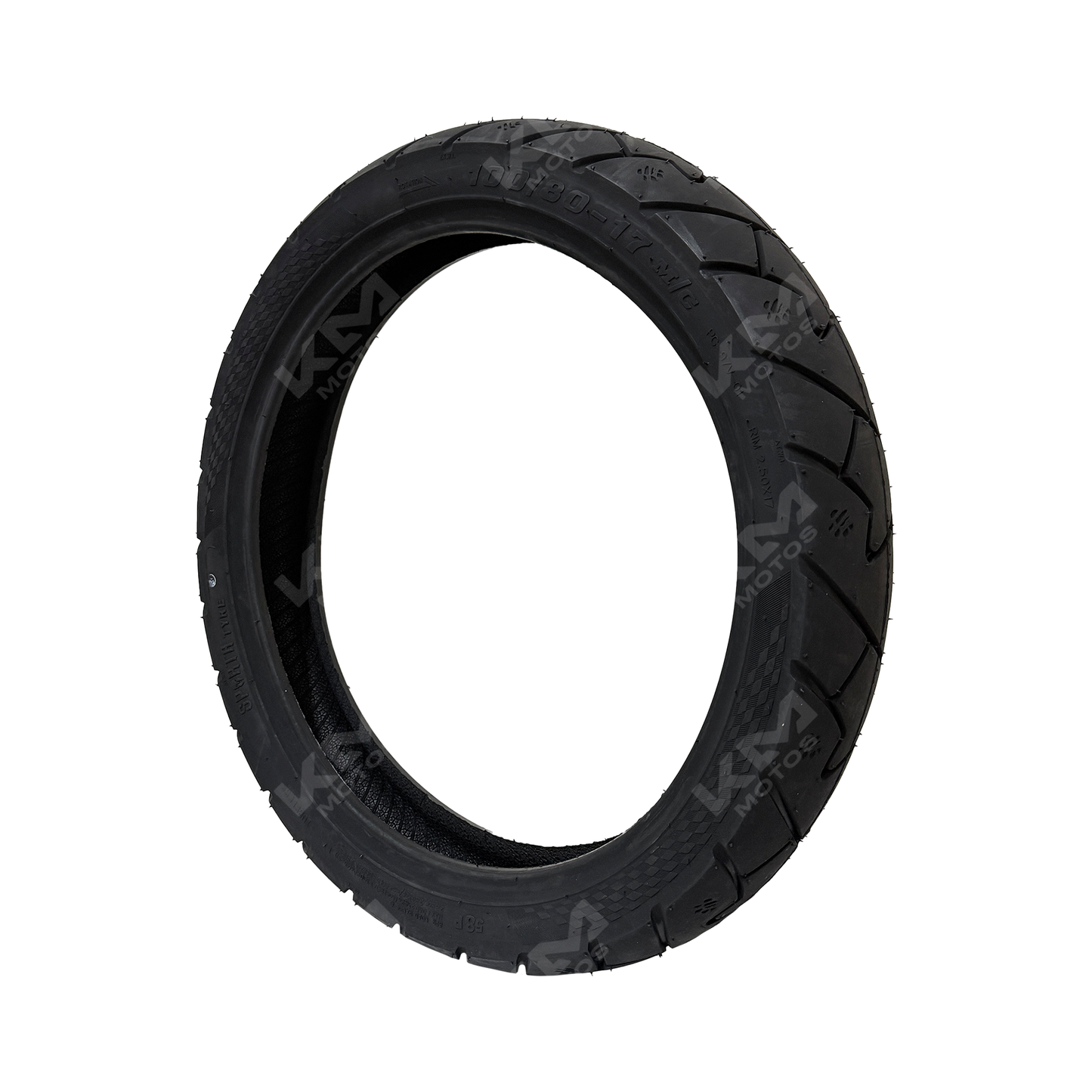 Llanta trasera 100/80-17 lisa 6PR para motocicleta, marca KM Motos, con banda de rodadura lisa y estructura resistente.