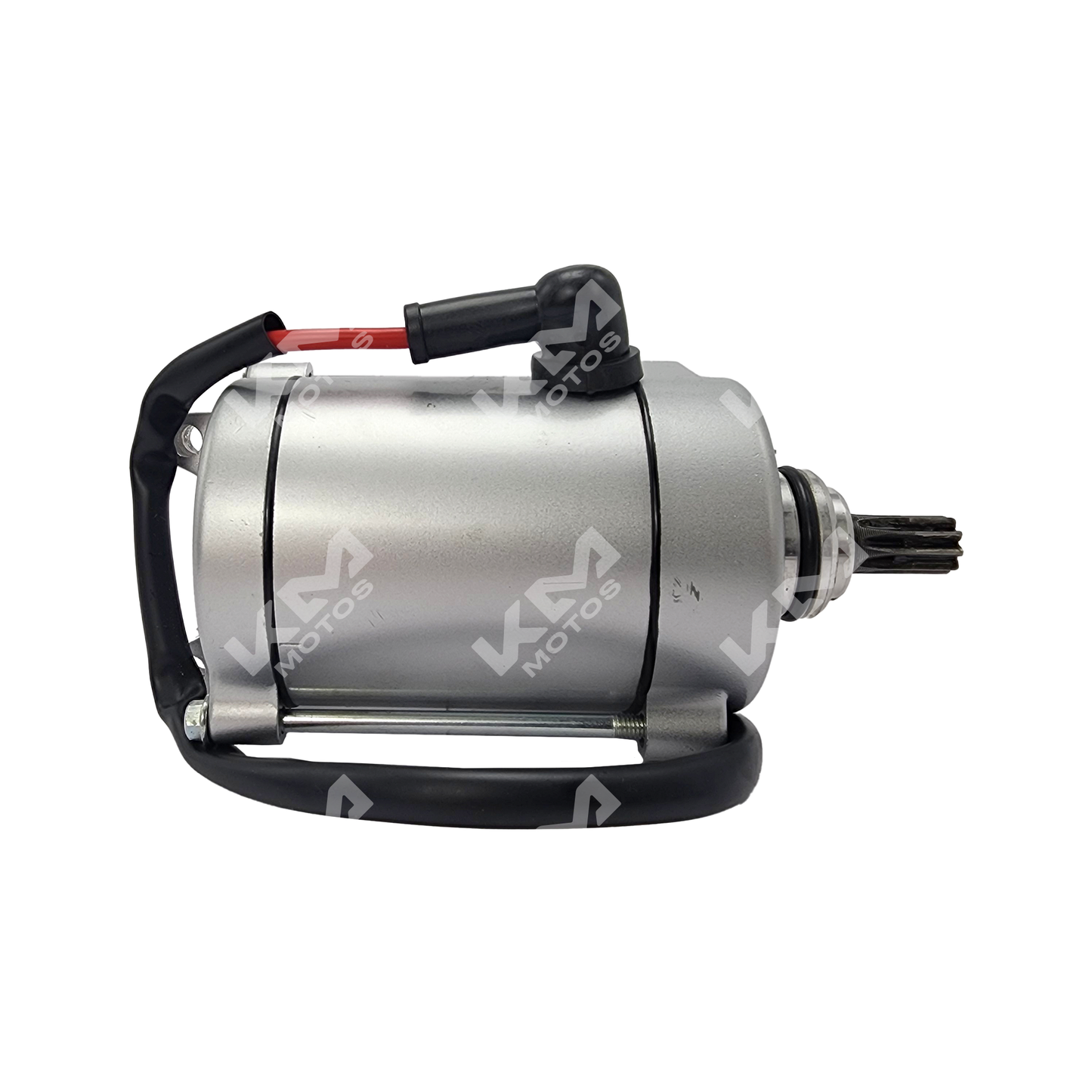 Arranque motor CG125 y HJ de la marca KM Motos, vista del motor de arranque con componentes metálicos y cables.