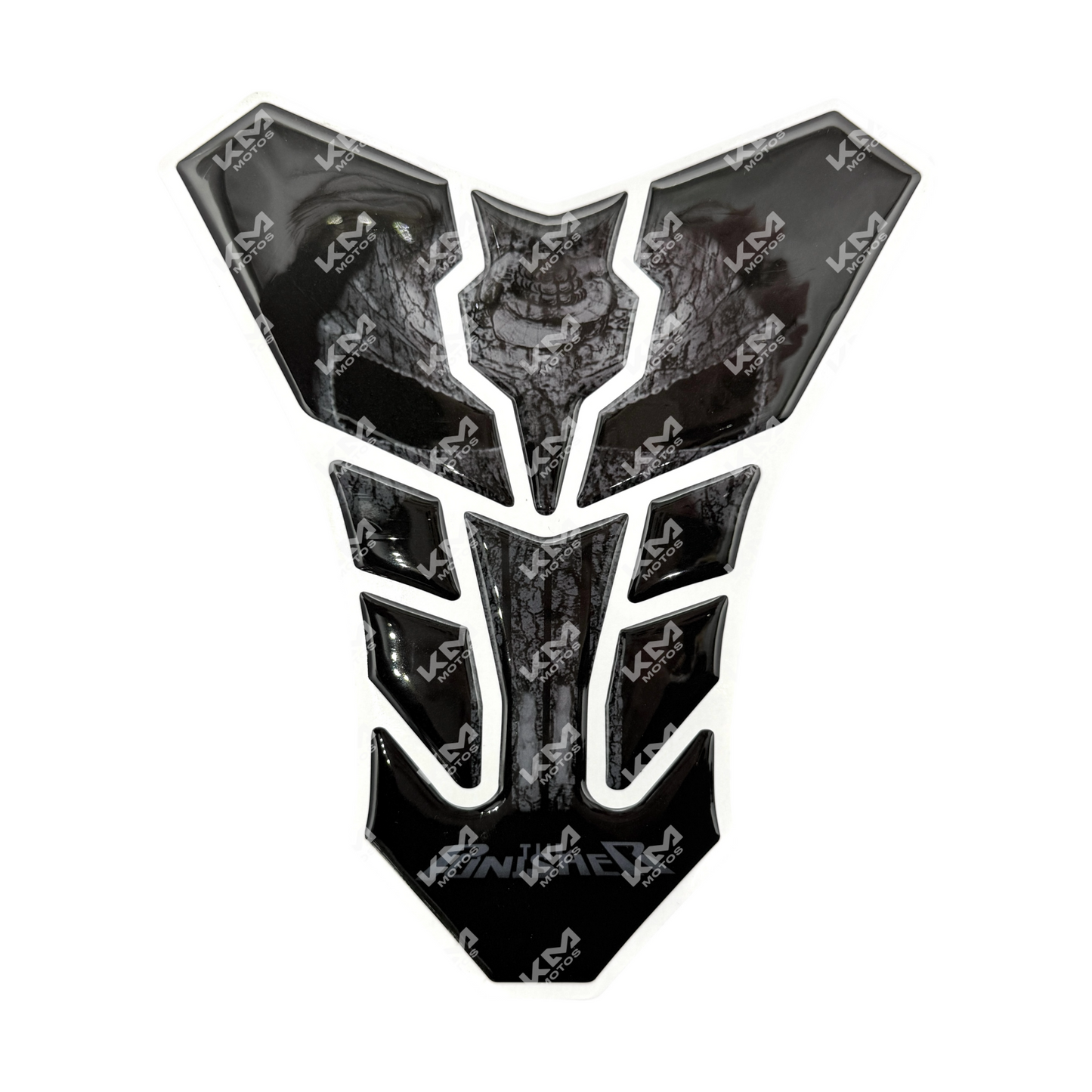 Protector de tanque Racing Punisher de KMMOTOS, diseño resistente para protección de motos, en color negro con detalles deportivos.