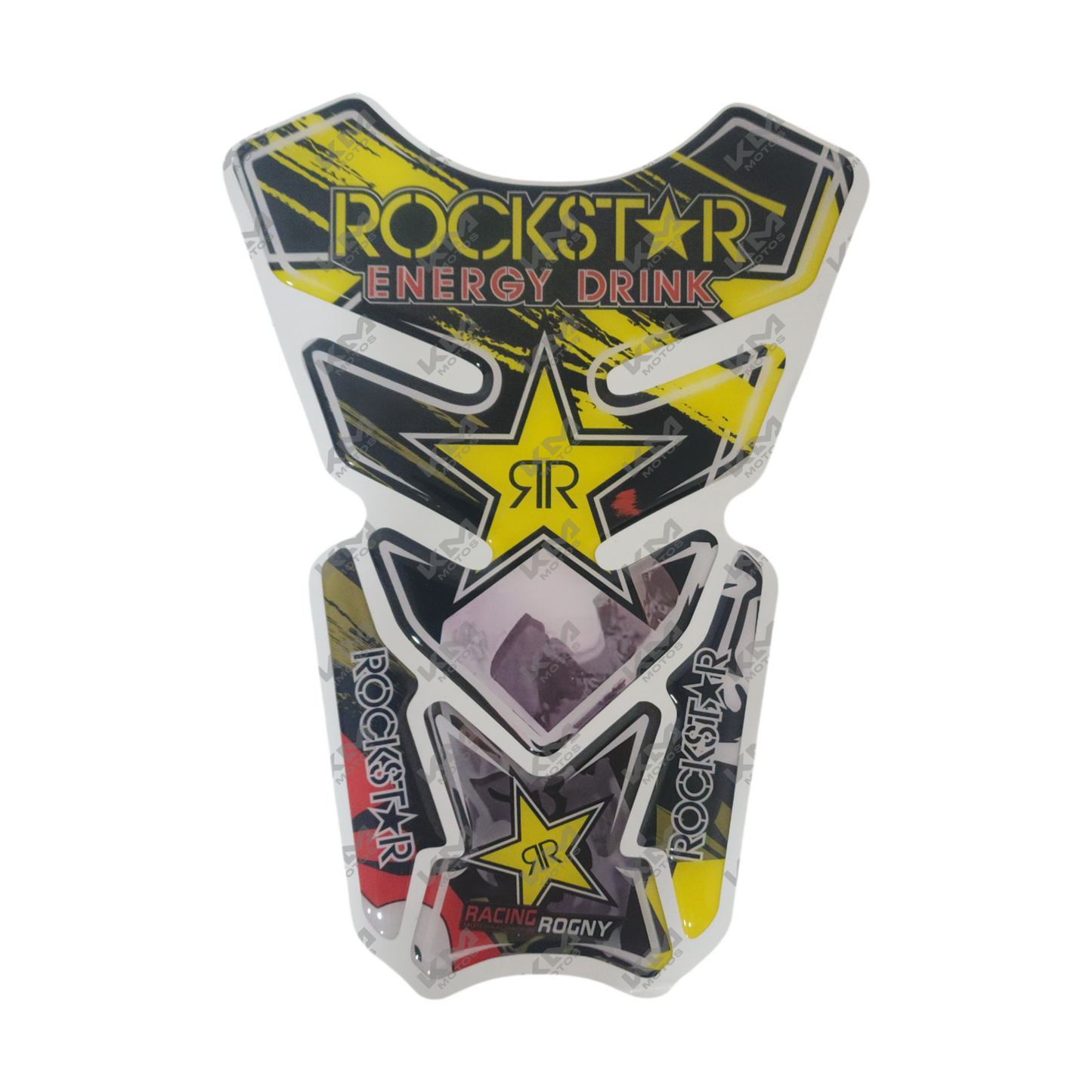 Protector de tanque Racing Rockstar de KMMOTOS, protección resistente para motocicleta, con diseño aerodinámico y acabado duradero.