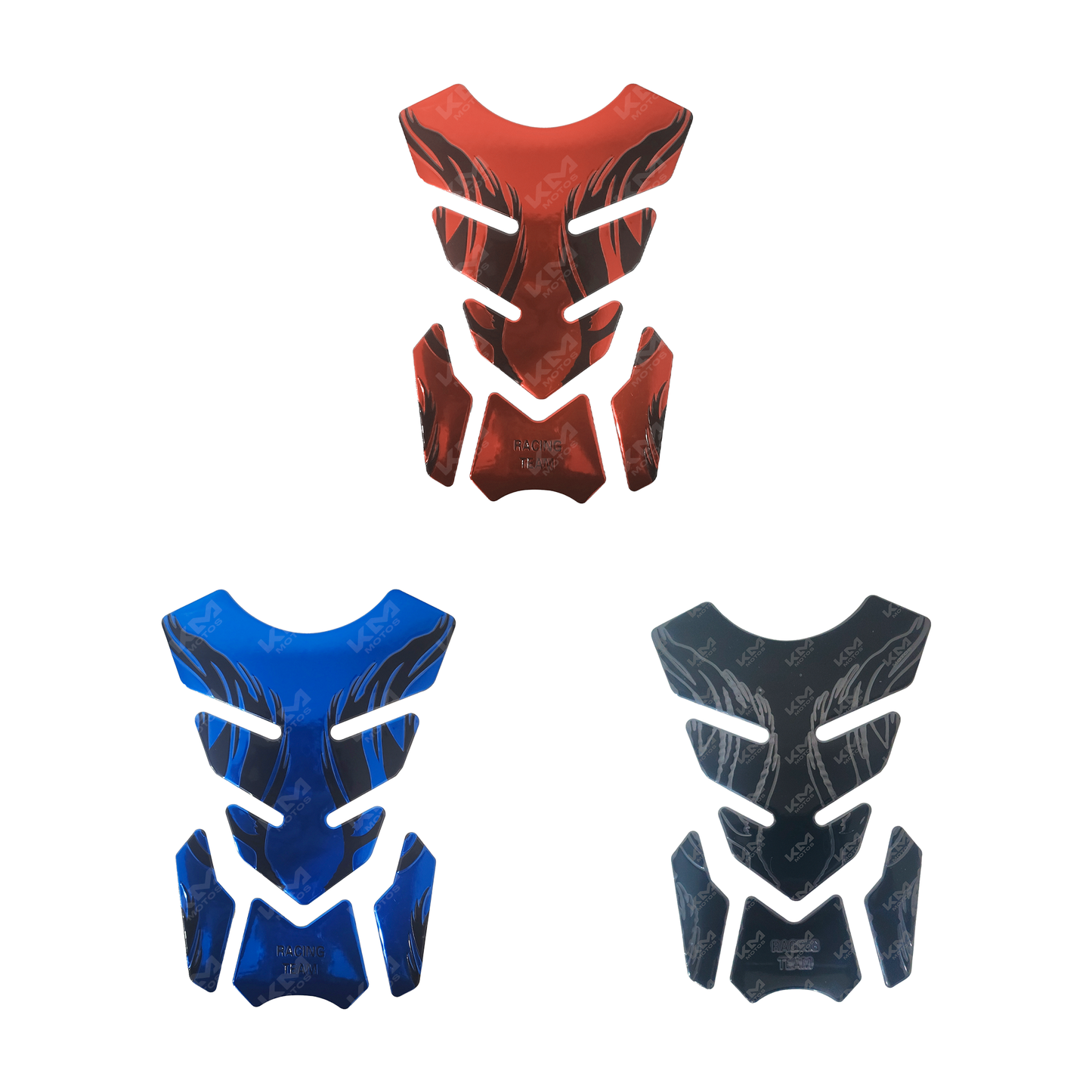 Protector de tanque racing KMMOTOS en colores brillantes, diseñado para motocicletas, muestra detalles del protector en imagen.