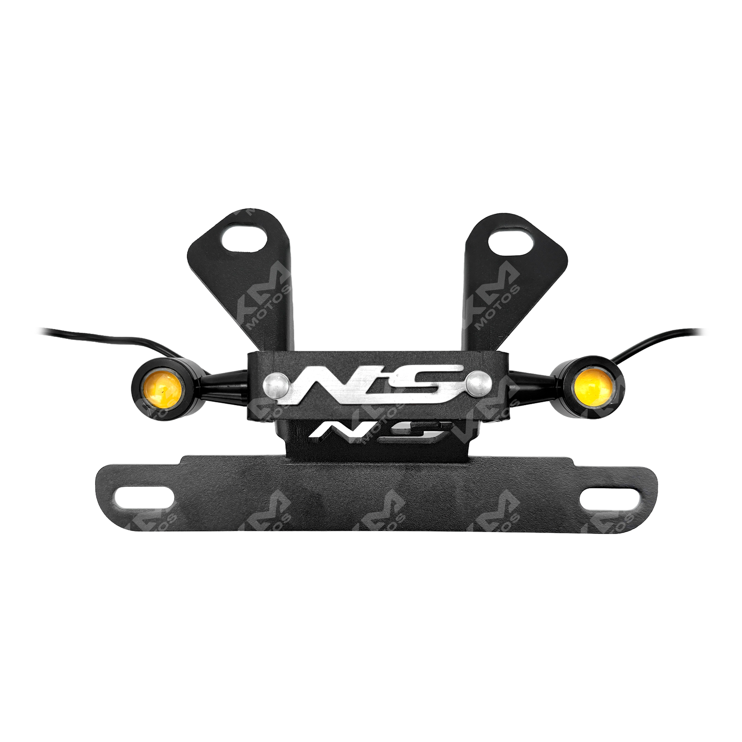 Porta placa de acero para Pulsar 200NS, 160, 135 y 125 con vía, de la marca KM Motos, muestra el soporte en color metálico.