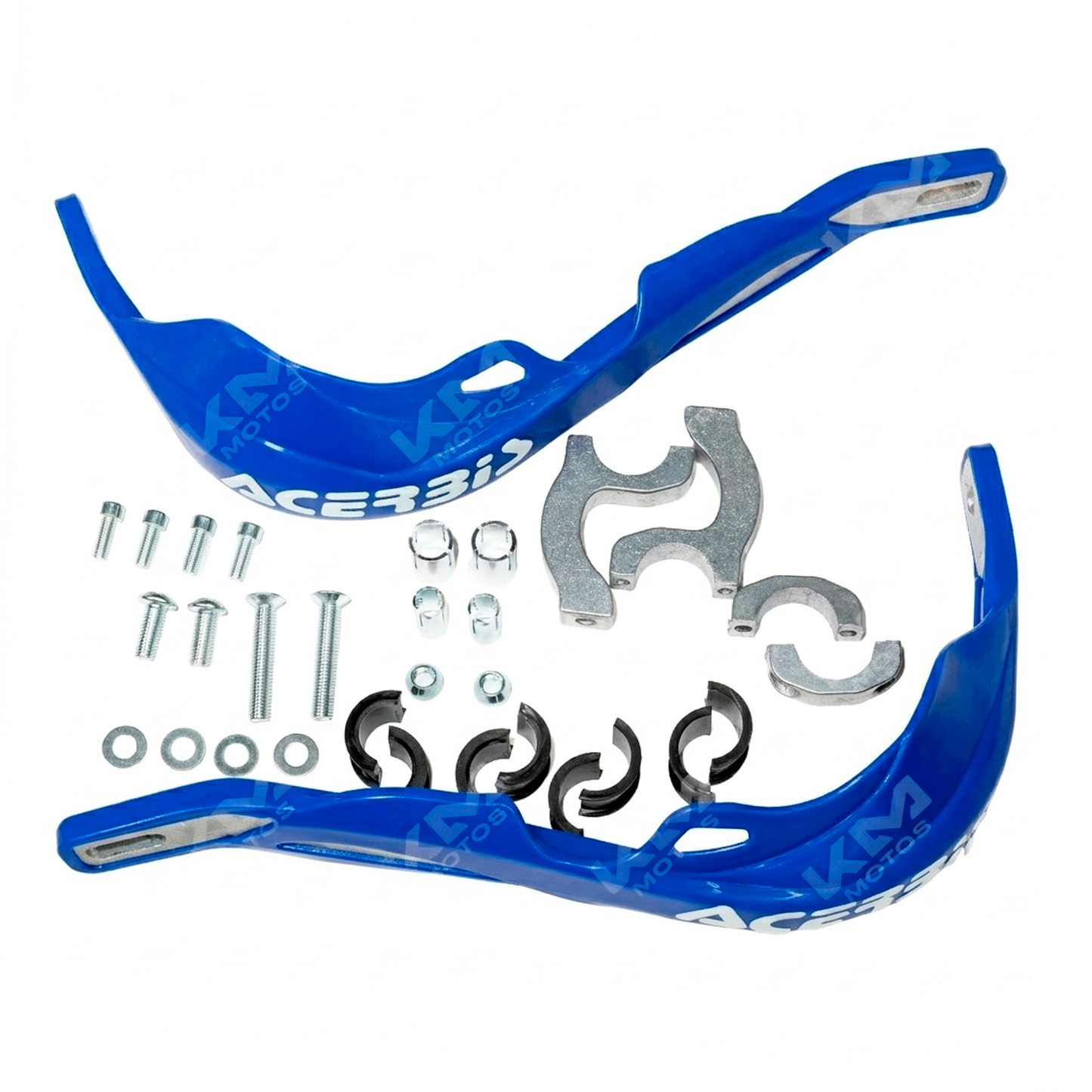 Protector de puño de metal azul para motocicleta KM Motos, resistente y duradero, diseñado para protección y estilo en las manos.