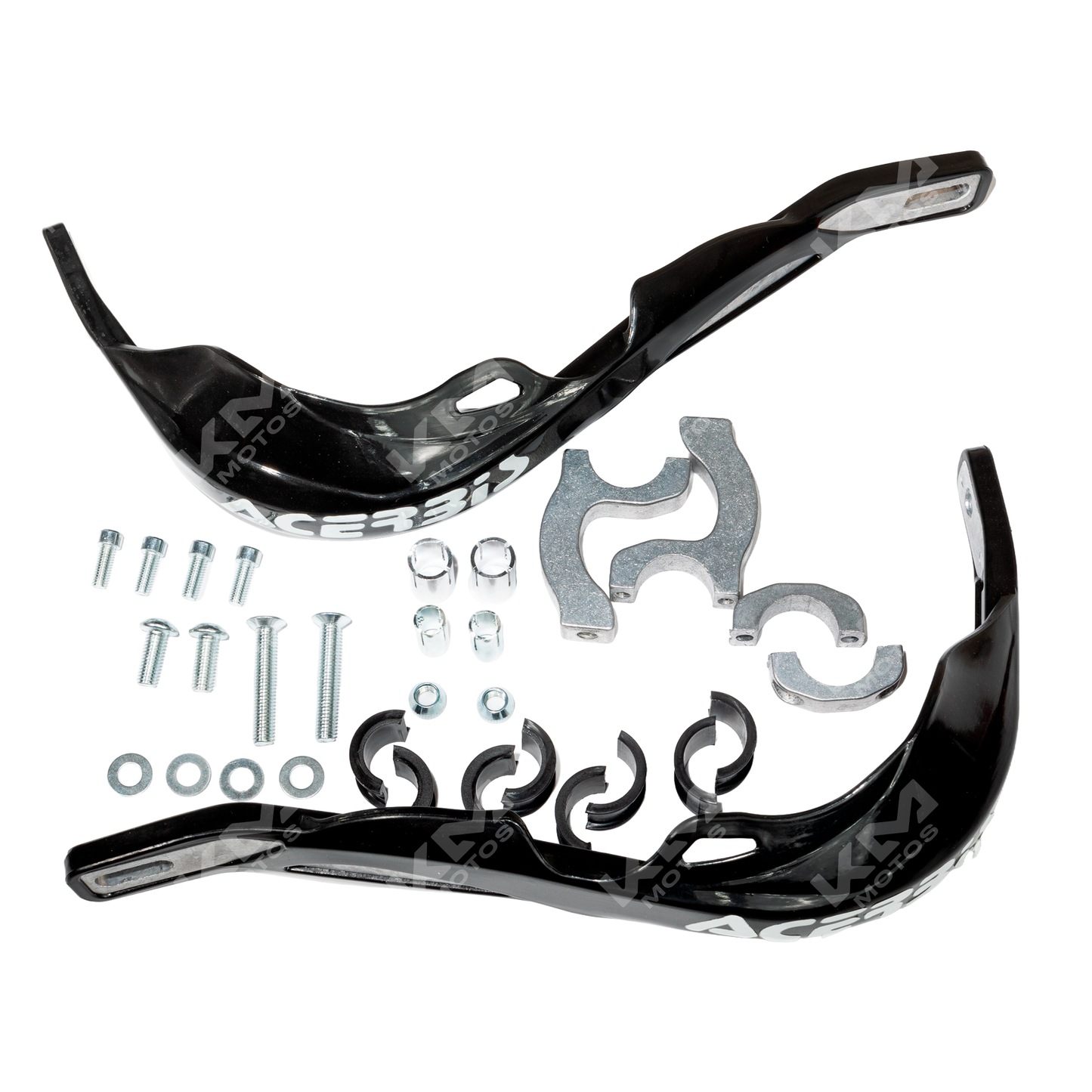 Protector de puño de metal negro de la marca KM Motos, diseñado para motocicletas, con acabado resistente y seguro.