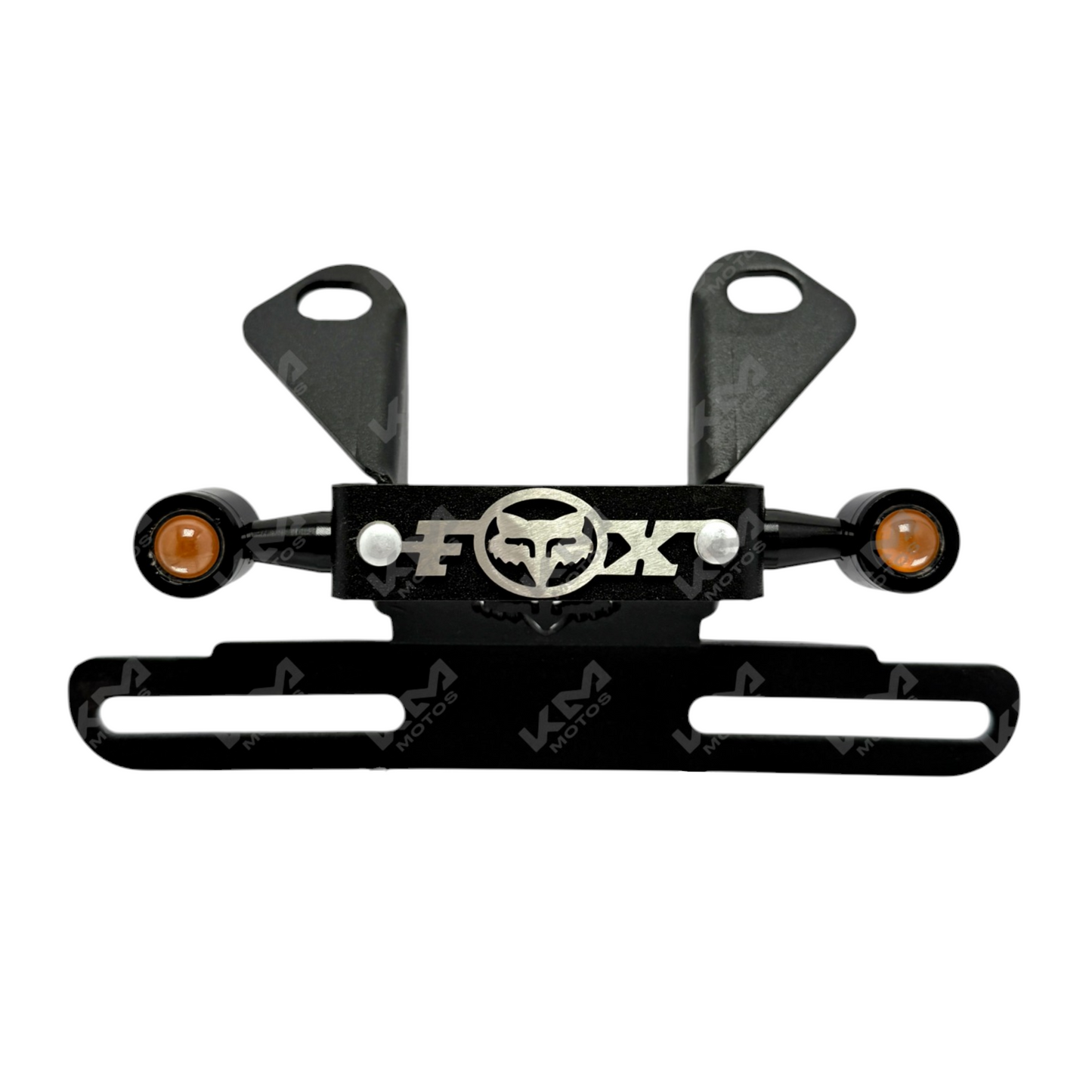 Porta placa de acero Fox con ranura para universal de 5 cm, fabricado por KMMOTOS, muestra la estructura y diseño del soporte.