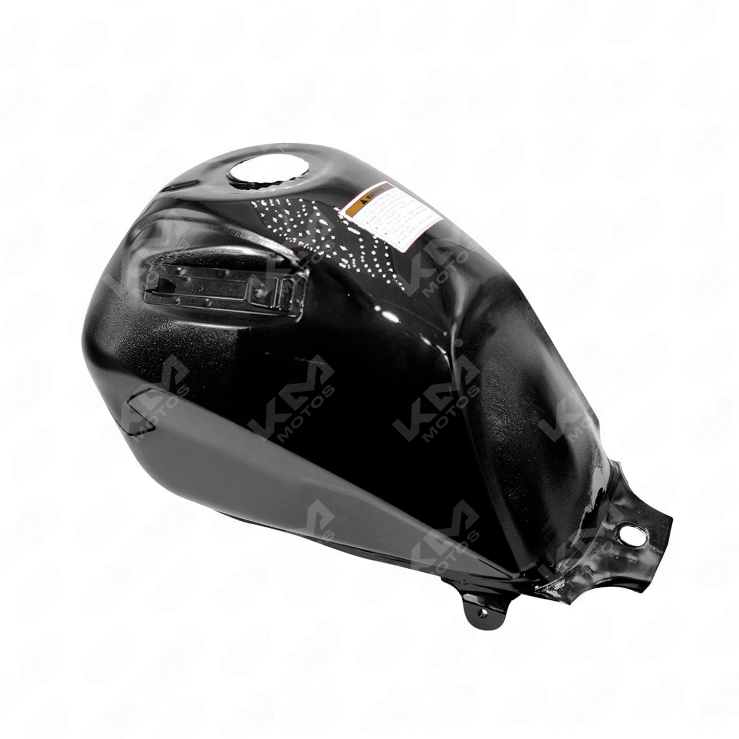 Tanque de motocicleta negro KM Motos para NXR XM200 y DM200, vista lateral con detalles del diseño y acabado.