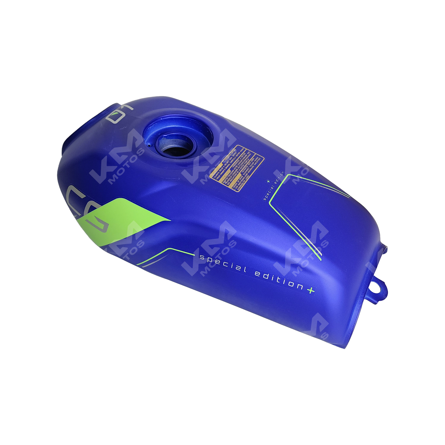 Etiqueta decorativa azul para tanque de motocicleta KM Motos CG125, FT125 o KB Core Plus, con diseño llamativo y resistente.