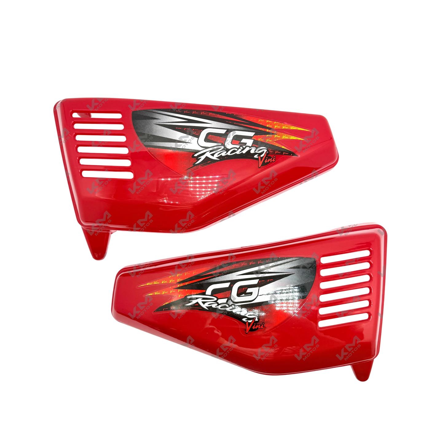 Tapa lateral roja para motocicleta CG125 de marca KMMOTOS, diseño racing y resistente, vista frontal en la imagen.