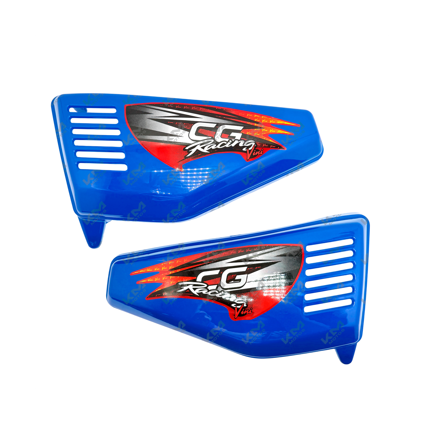 Tapa lateral azul para motocicleta CG125 Racing de la marca KMMOTOS, con acabado resistente y diseño aerodinámico.
