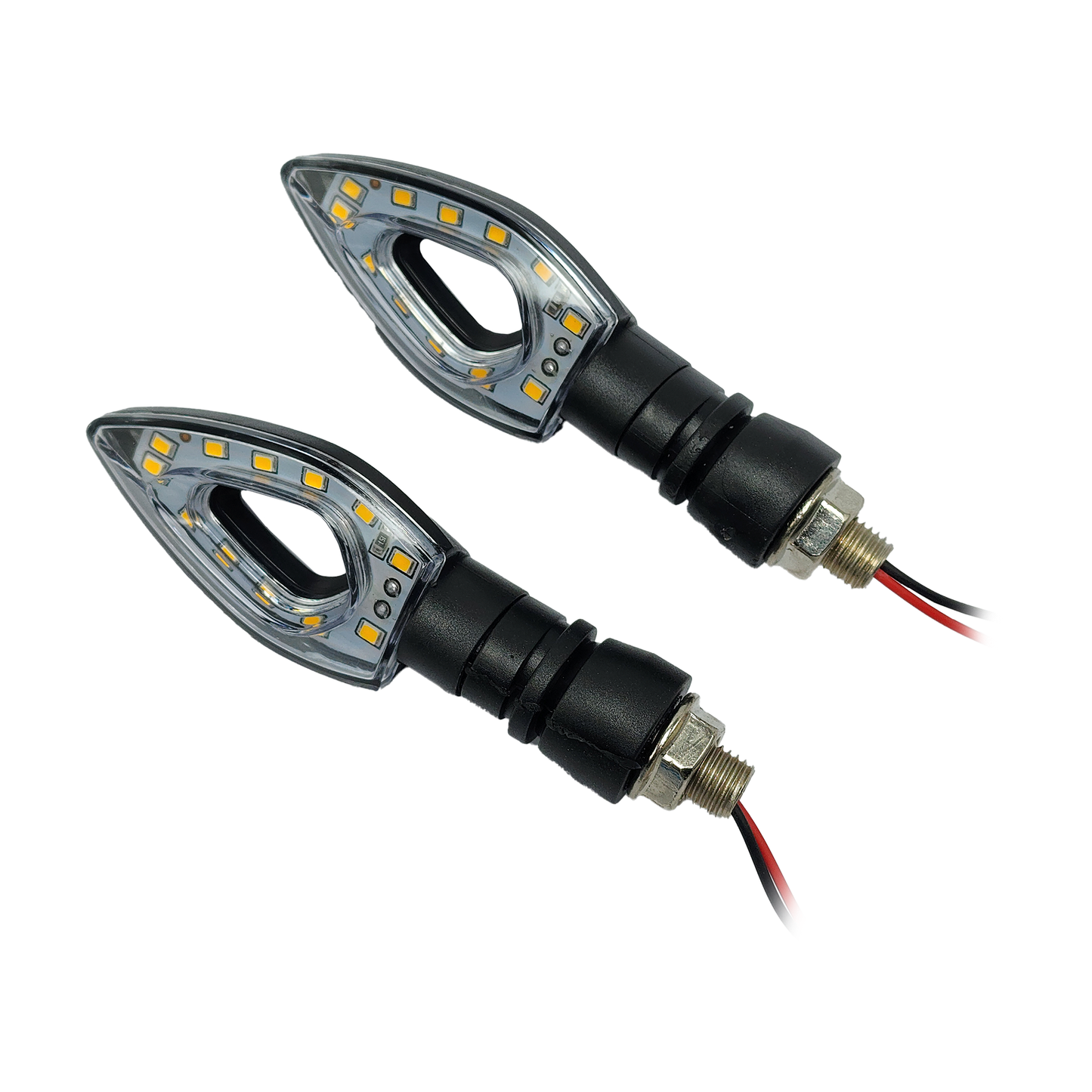 Vías LED Core y Cortecia de KM Motos, luces de señalización para motocicletas, en color negro con detalles de iluminación.