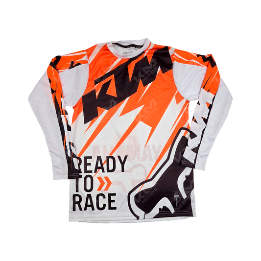 CAMISETA DEPORTIVA + DISENO KTM FOX BLANCA, NARANJA JD27 TALLA "L"