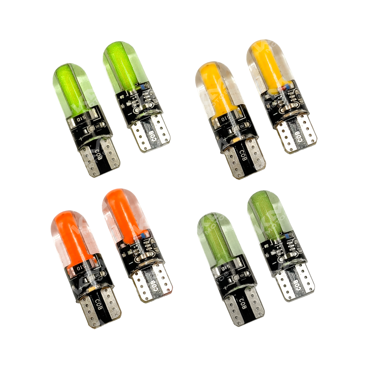 Luces LED MUELITAS T10 en colores, marca KM Motos, con diferentes tonos y diseño compacto para vehículos.