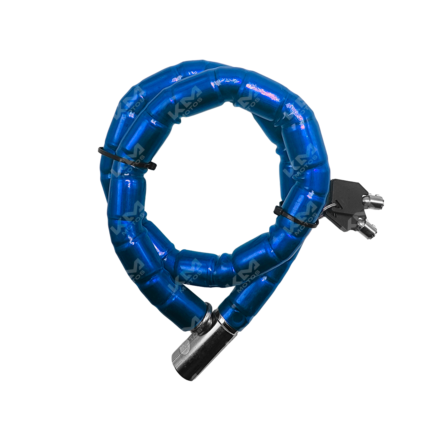 Candado grueso para casco en color azul de la marca KM Motos, con cerradura resistente y diseño seguro.