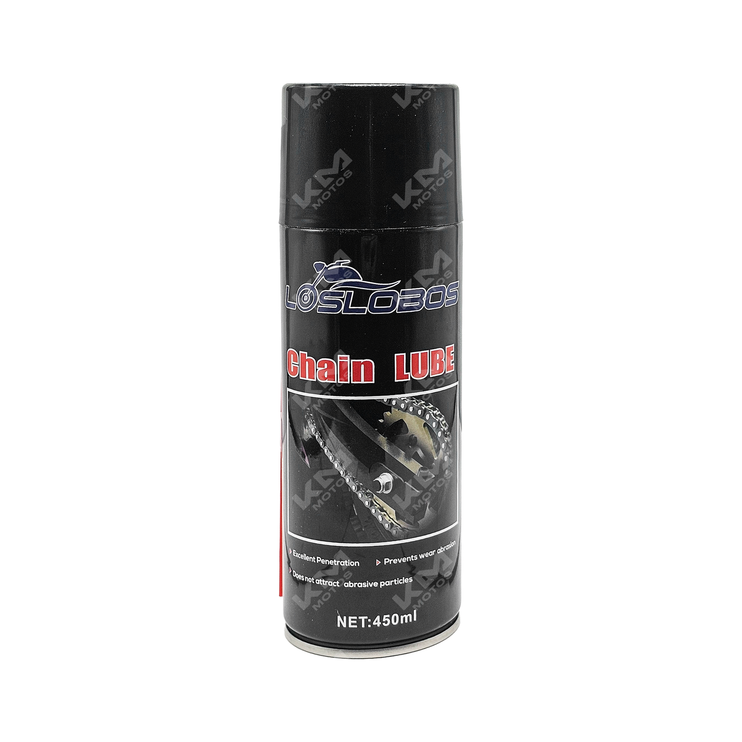 Lubricante para cadena KM Motos, envase de lubricante para mantener la cadena de motocicleta en buen estado.