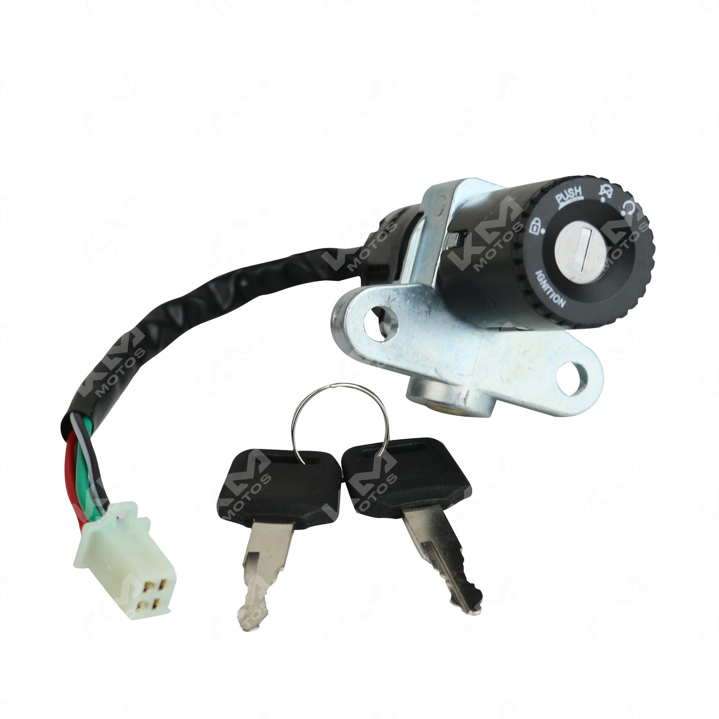 Interruptor de encendido DM150/ZX150L de KM Motos, switch de arranque con botón y cableado visible en la imagen.
